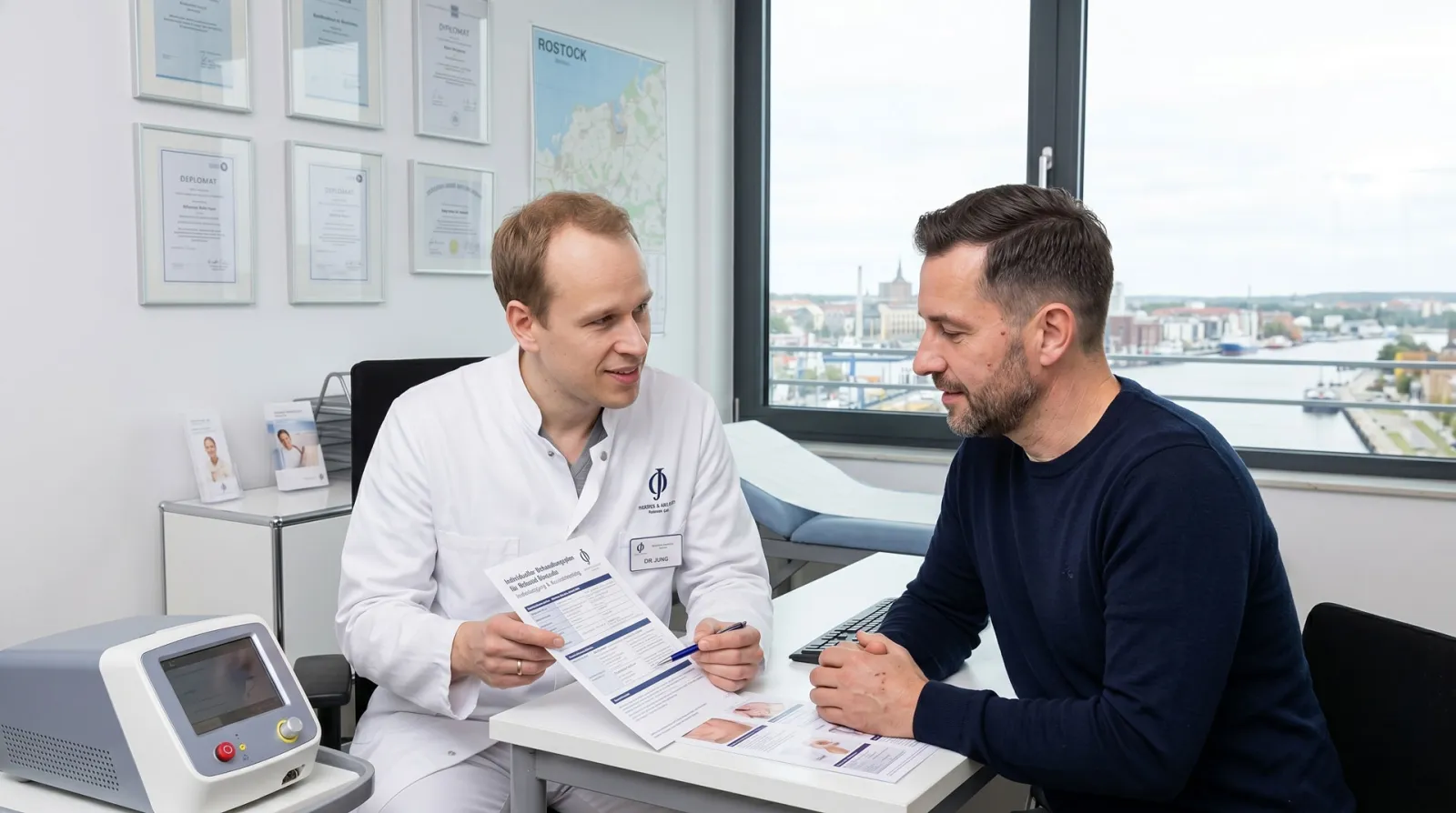 Persönliche Beratung in der Hautarztpraxis Dr. Dr. Ole Jung in Rostock: Facharzt im Patientengespräch